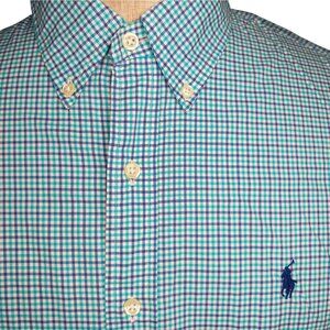 Ralph Lauren Button Down Shirt Mens L Gingham Check Purple Teal White Cotton